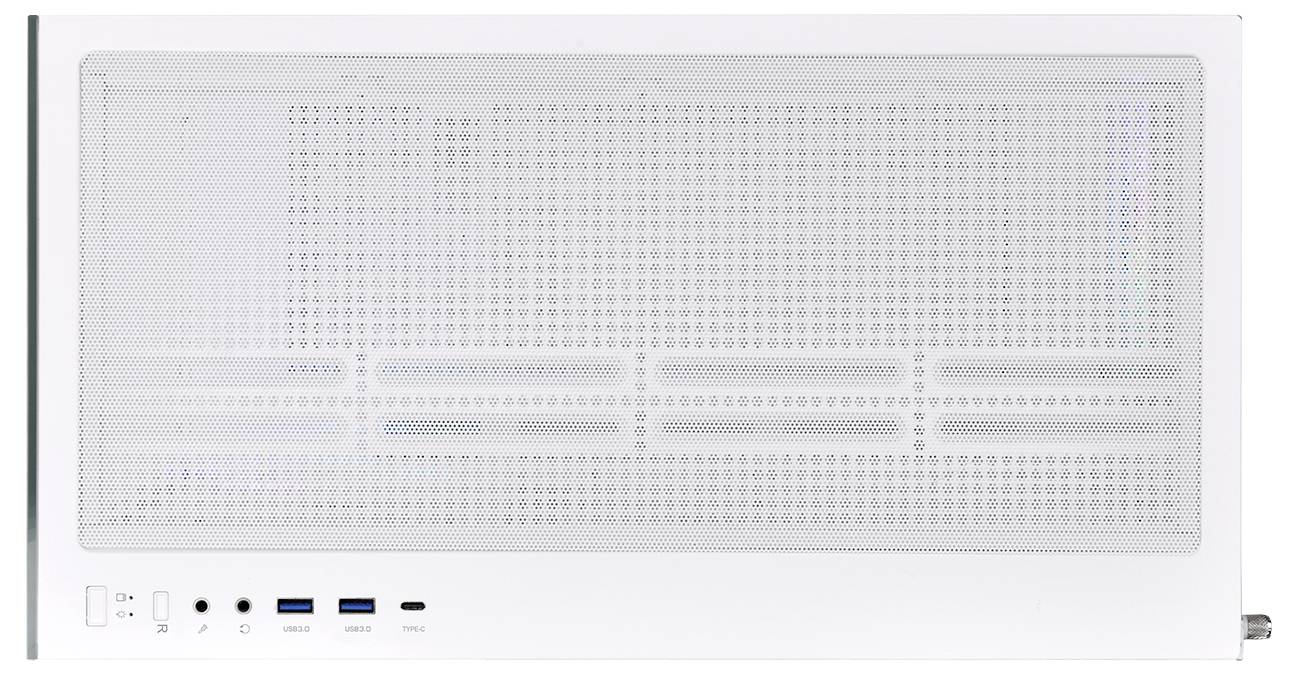 Białe obudowa komputera z perforowanym wzorem do wentylacji oraz złączami w lewym dolnym rogu.