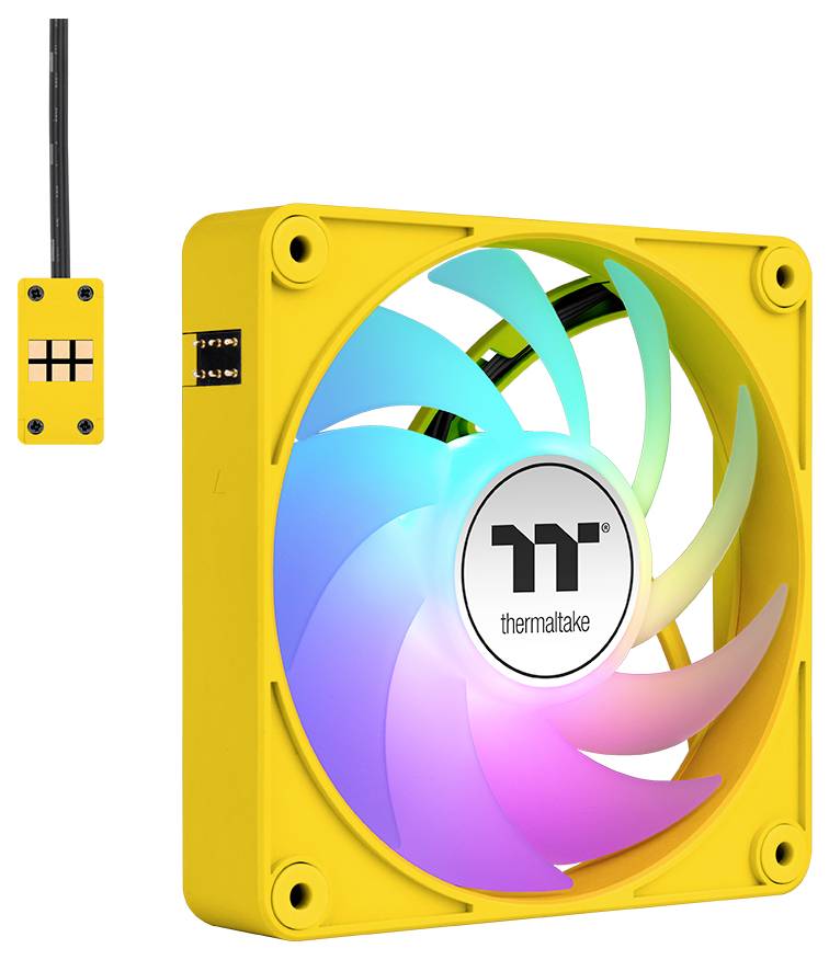 Żółty wentylator komputerowy z podświetleniem RGB firmy Thermaltake wraz z umieszczonym obok sterownikiem.