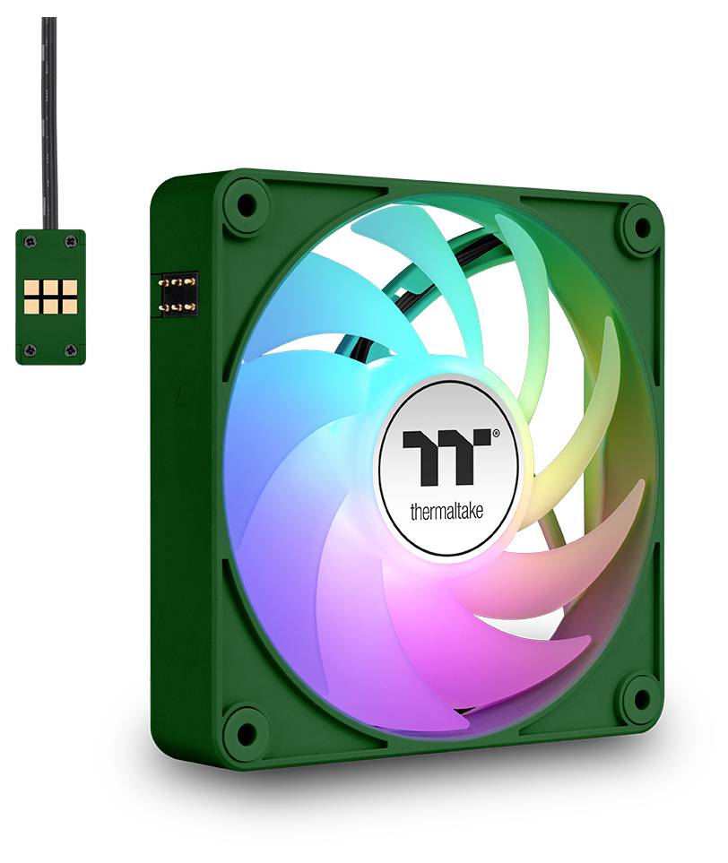 Wentylator komputerowy z zielonymi ramkami i podświetlanymi diodami LED łopatkami wirnika zmieniającymi kolor, wraz z jednostką sterującą.