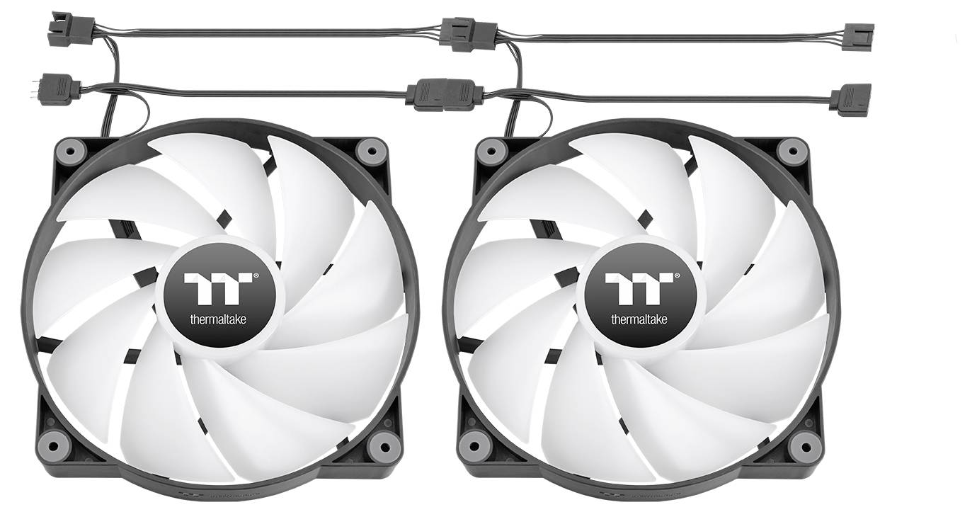 Dwa wentylatory Thermaltake z białym rotorem i czarnymi ramkami, umieszczone obok siebie, połączone przewodami z wtyczkami.