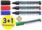 'Trzy czarne, jeden czerwony, jeden niebieski i jeden zielony marker do białej tablicy firmy Schneider. Tekst: Promocja 3+1.'