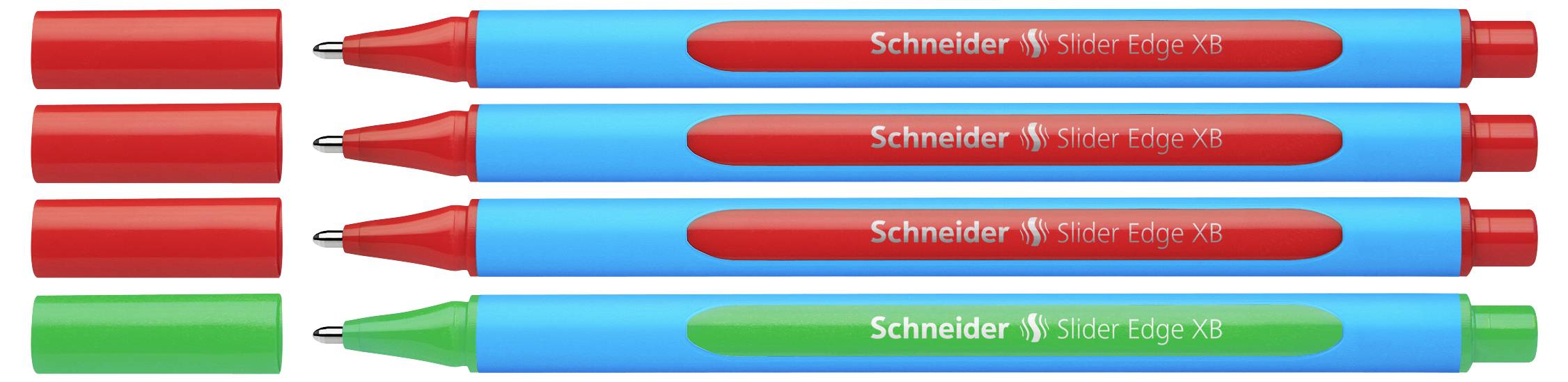 Cztery długopisy z czerwonym korpusem i zielonymi akcentami. Oznaczone napisem 'Schneider Slider Edge XB'. Dwa z odkręconymi nasadkami.