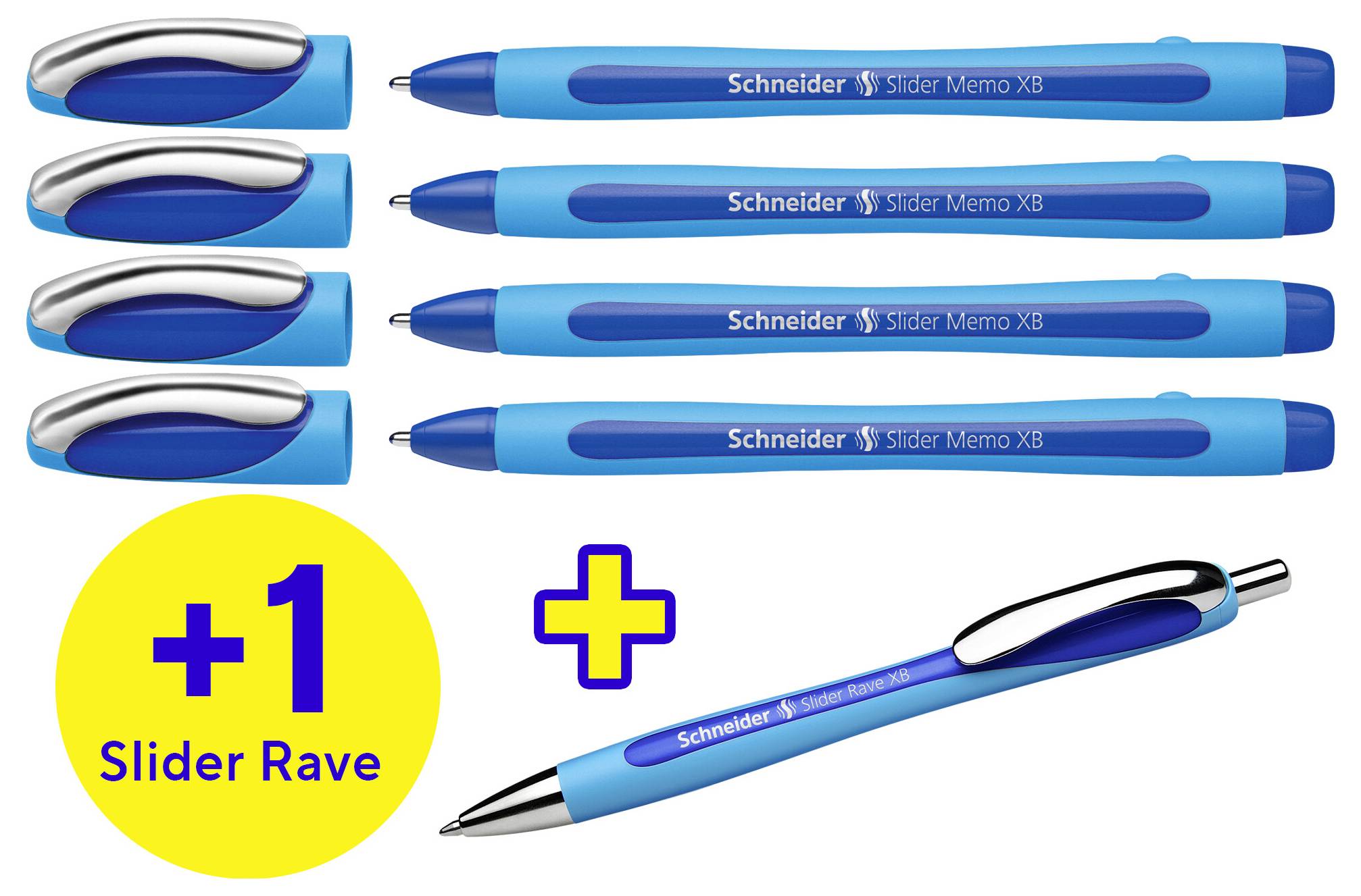 Pięć długopisów Schneider Slider Memo XB i jeden długopis Schneider Slider Rave na białym tle.