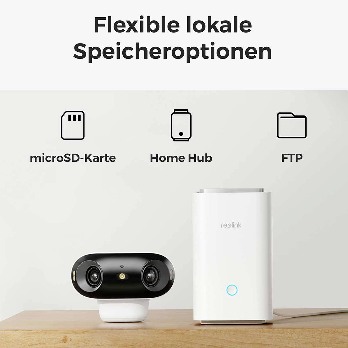 Kamera i hub na stole. Tekst wyjaśnia 'Elastyczne opcje lokalnego przechowywania' z symbolami karty microSD, Home Hub i FTP.