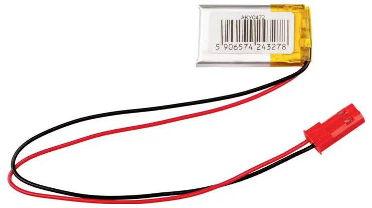 Mała bateria litowo-polimerowa z dwoma przewodami i czerwonym złączem jest przedstawiona na ilustracji.