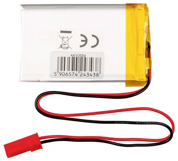 Akumulator litowo-polimerowy z kablem i wtyczką, etykieta z symbolami recyklingu i kodem kreskowym.