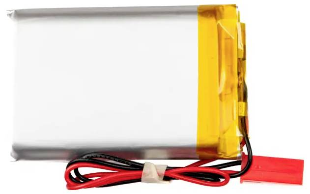 Srebrzysta, prostokątna bateria litowo-polimerowa z żółtą izolacją oraz czerwonymi i czarnymi przewodami przyłączeniowymi.