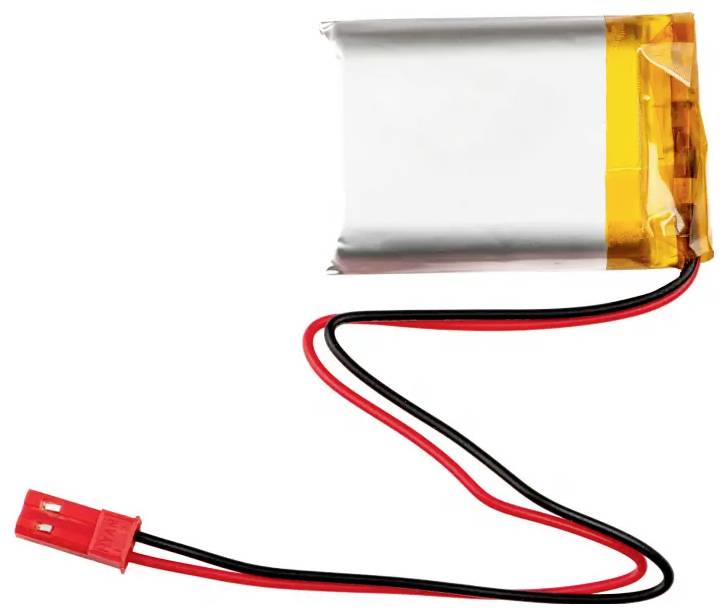 Akumulator litowo-polimerowy z dwoma podłączonymi przewodami i czerwonym złączem. Zaprojektowany do przenośnych urządzeń elektronicznych.
