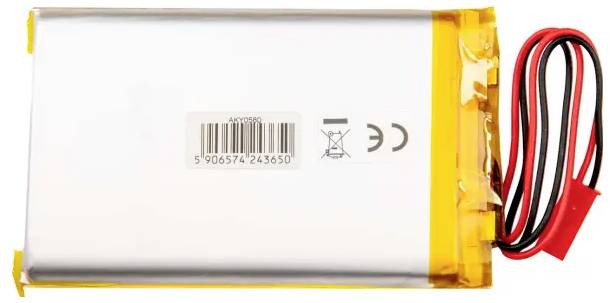 Prostokątny akumulator litowo-jonowy z żółtymi bokami i czerwono-czarnymi przewodami. Widoczne symbole recyklingu i norm europejskich.