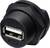 Czarny adapter złącza USB, cylindryczny kształt, z gwintem mocującym, odpowiedni do połączeń elektrycznych interfejsów.