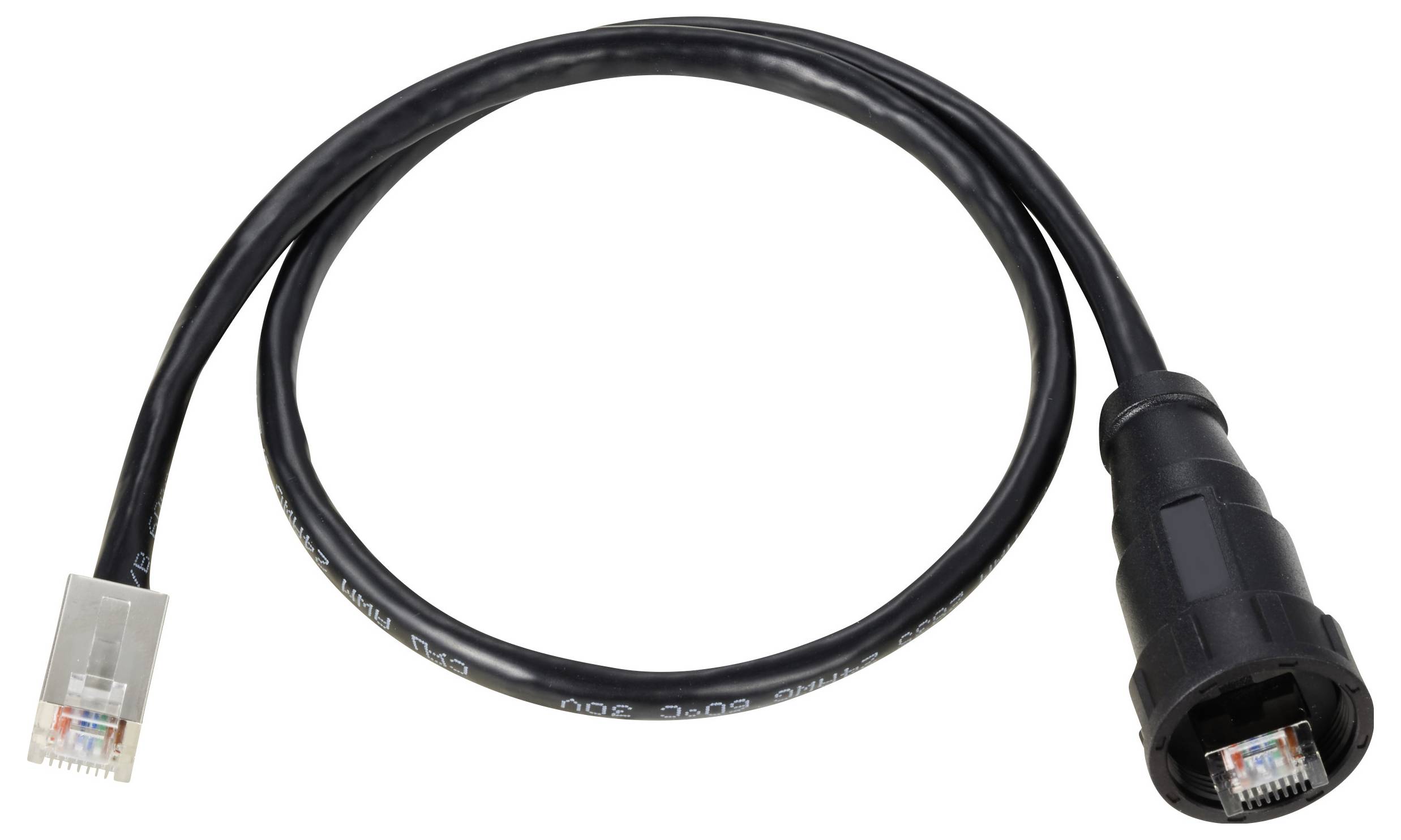 Czarny kabel sieciowy z wtykami RJ-45 na obu końcach. Jest zgięty w małą pętlę.