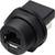 Czarny adapter złącza sieciowego RJ45 w wykonaniu przemysłowym, do montażu panelowego, prezentujący piny i obudowę.