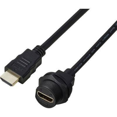 Czarny kabel HDMI ze standardowym wtykiem po jednej stronie i wodoszczelnym gniazdem przyłączeniowym po drugiej stronie.