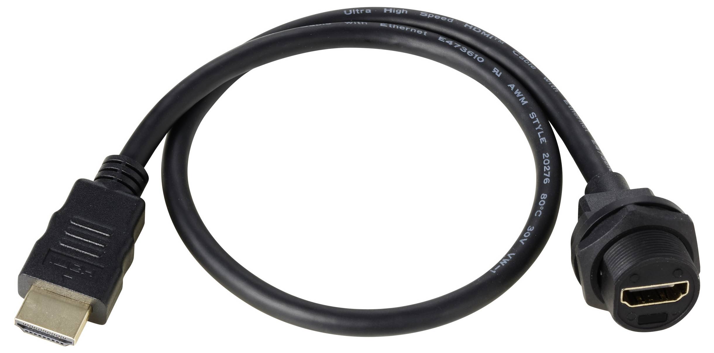 Kabel HDMI z wtykiem męskim i żeńskim, odpowiednie do podłączania urządzeń audio i ekranów.