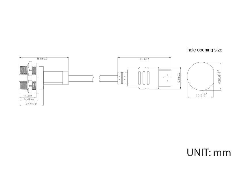 Rysunek techniczny złącza ze wskazaniem wymiarów w milimetrach, wraz ze szczegółami przyłączy i średnicami otworów.