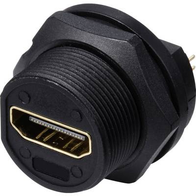 Czarny złącz HDMI, odpowiedni do montażu panelowego, przedstawia złotą końcówkę do cyfrowego przesyłania dźwięku i wideo.
