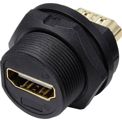 Złącze HDMI w czarnej obudowie z tworzywa sztucznego. Widoczne są styki wewnątrz. Odpowiednie do przewodowych połączeń audiowizualnych.