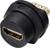 Złącze HDMI w czarnej obudowie z tworzywa sztucznego. Widoczne są styki wewnątrz. Odpowiednie do przewodowych połączeń audiowizualnych.