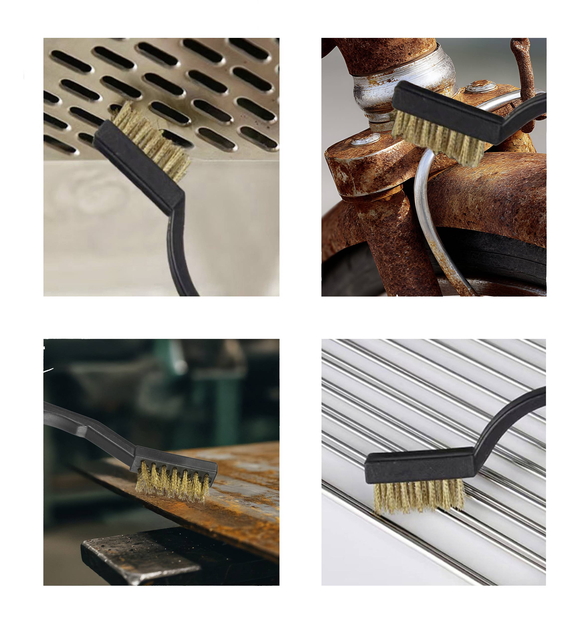 Cztery obrazy przedstawiające czyszczenie różnych metalowych powierzchni szczotką drucianą: grill, rdzawy element roweru, przemysłowa metalowa płyta i kratownica.