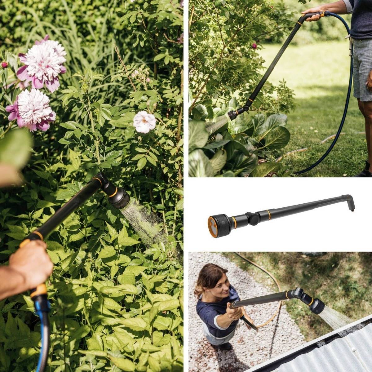 Osoba podlewa rośliny ogrodowe za pomocą wysuwnego zraszacza. Zraszacz posiada regulowaną głowicę umożliwiającą precyzyjne nawadnianie.