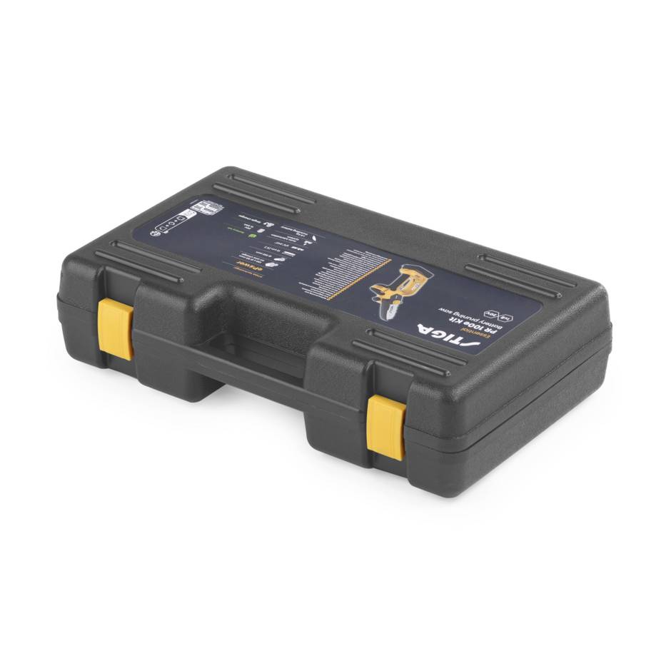 Czarny kufer na narzędzia z żółtymi zamknięciami, logo PRAGER i ilustracją elektronarzędzia na pokrywie.