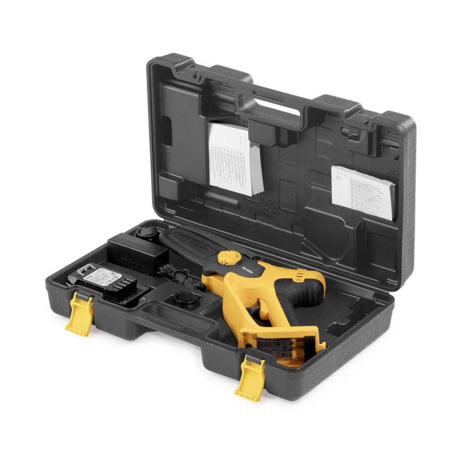 Żółty elektryczny wkrętak w otwartej czarnej walizce, z ładowarką akumulatorową i przegródkami na akcesoria, odpowiedni do projektów majsterkowiczów.