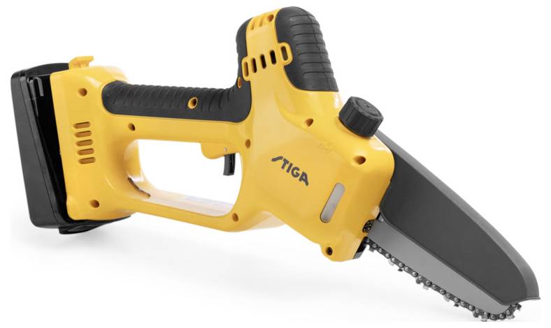 Akumulatorowa miniaturowa piła łańcuchowa w kolorze żółtym z ergonomicznym uchwytem. Odpowiednia do lekkich prac ogrodowych i kompaktowych zadań.