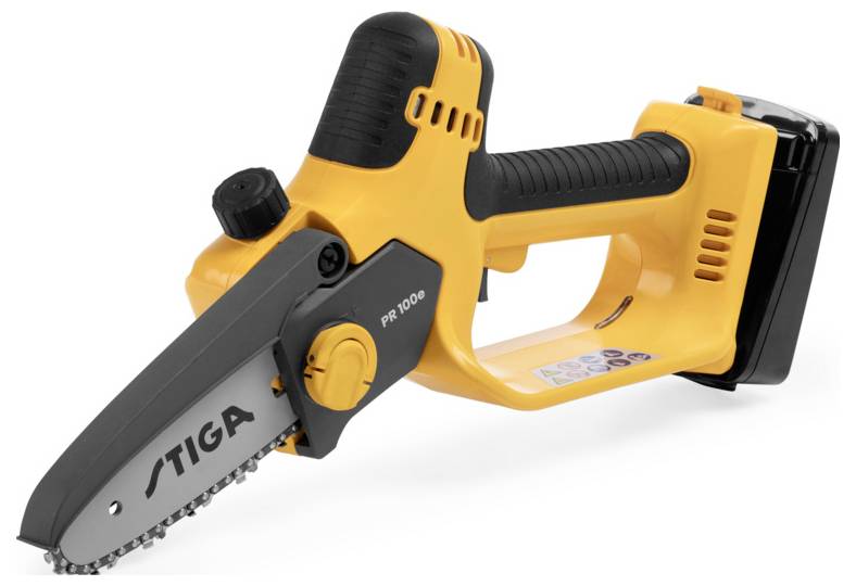 Żółty, przenośny, akumulatorowy kozioł do piłowania z czarnym uchwytem i osprzętem do piły łańcuchowej, przeznaczony do prac rzemieślniczych.