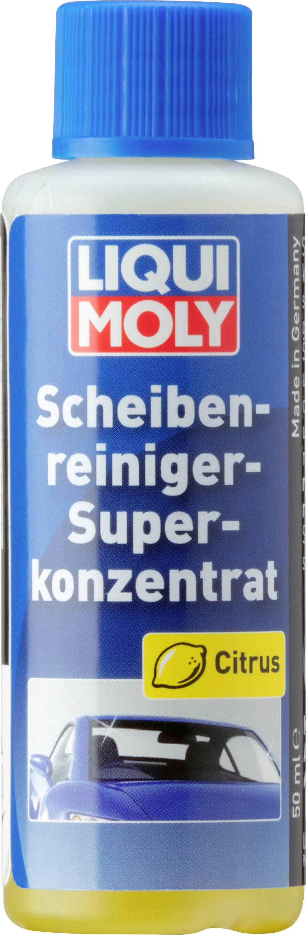 Butelka z 'LIQUI MOLY Superkoncentratem do mycia szyb' z symbolem cytryny. Służy do czyszczenia szyb samochodowych.