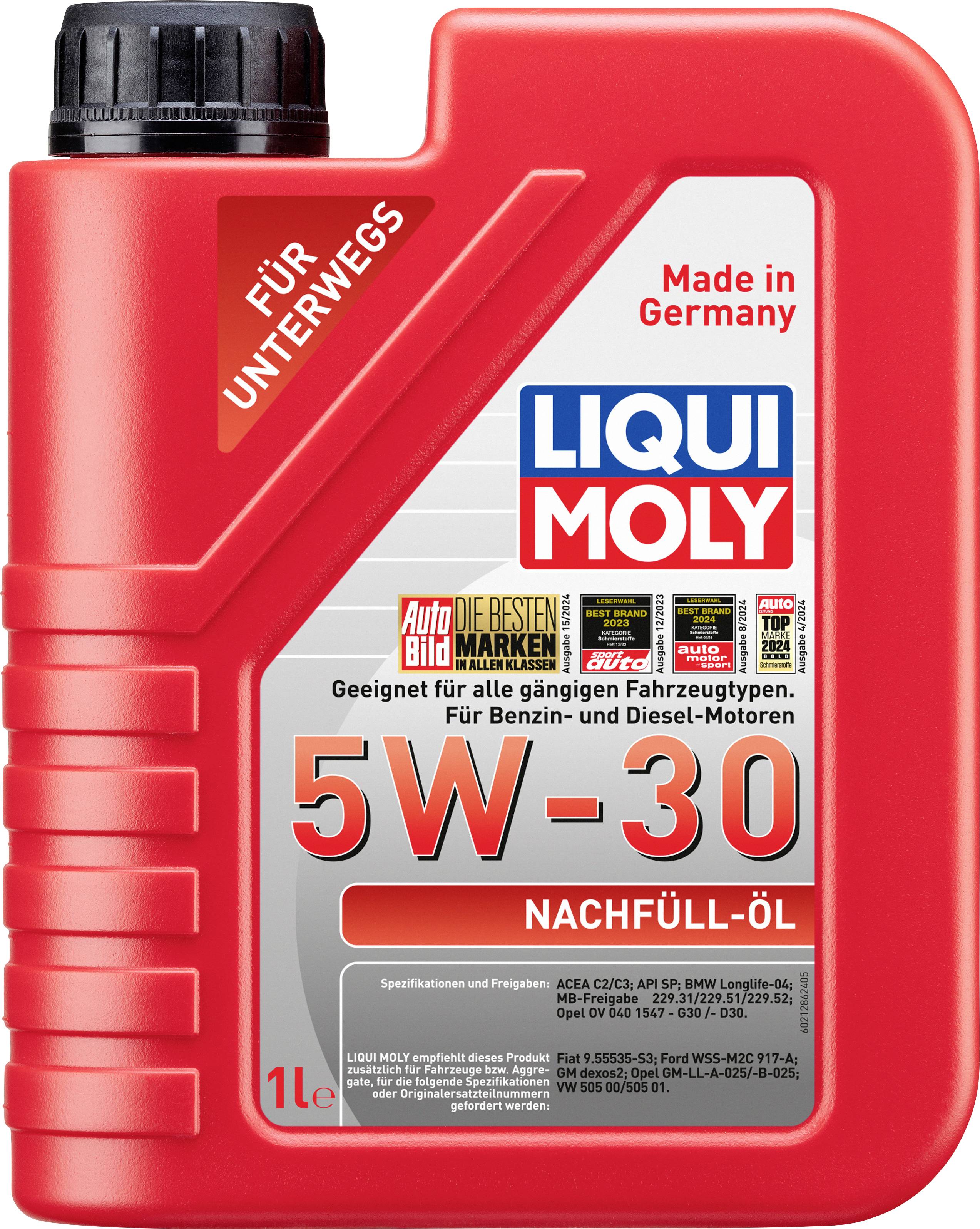Czerwony 1-litrowy plastikowy kanister Liqui Moly z olejem silnikowym 5W-30 do uzupełniania, przeznaczony do silników benzynowych i wysokoprężnych, odpowiedni dla różnych typów pojazdów.