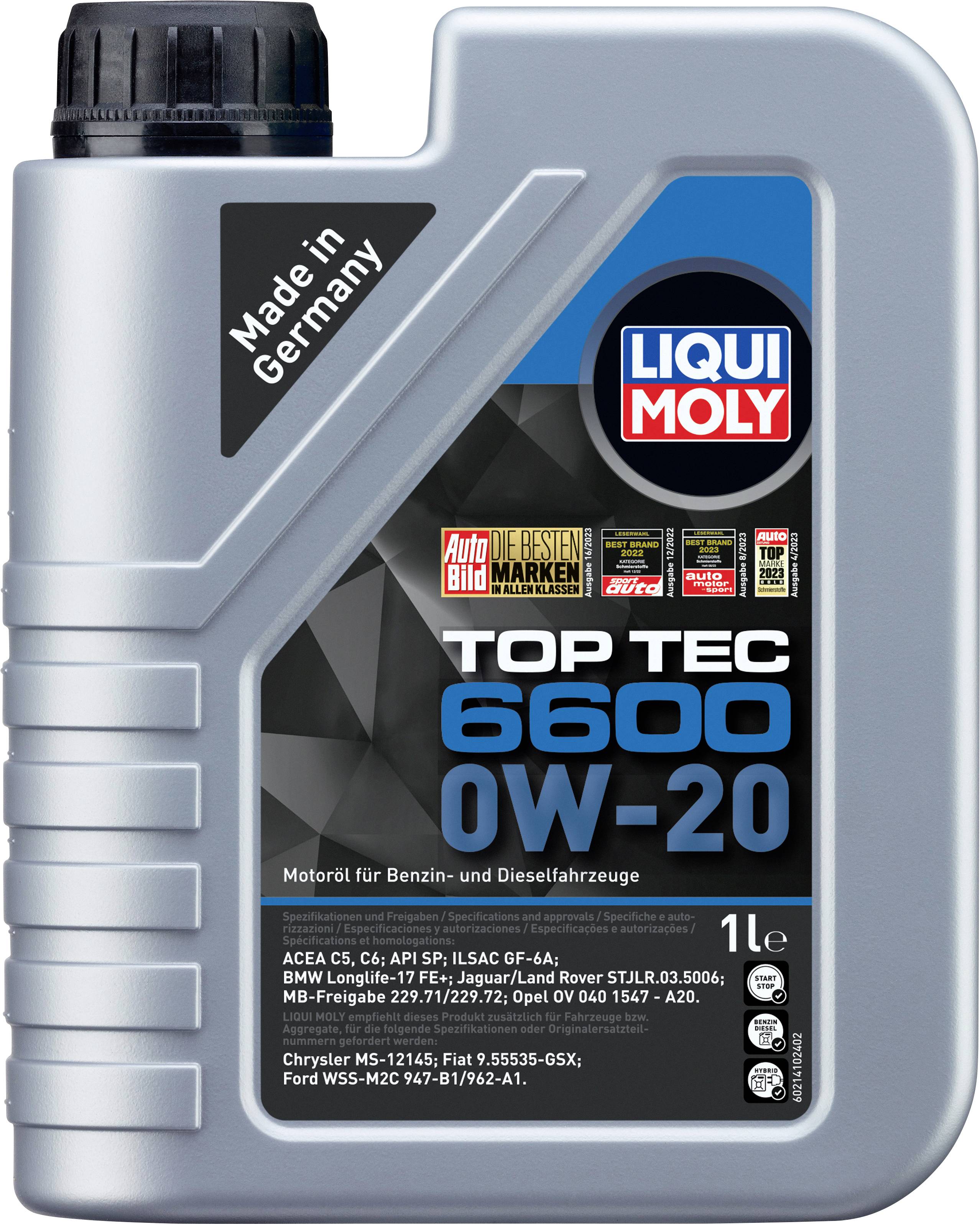 Kanister oleju Liqui Moly 6600, 0W-20, 1 litr, do pojazdów benzynowych i diesla, 'Wyprodukowano w Niemczech'.