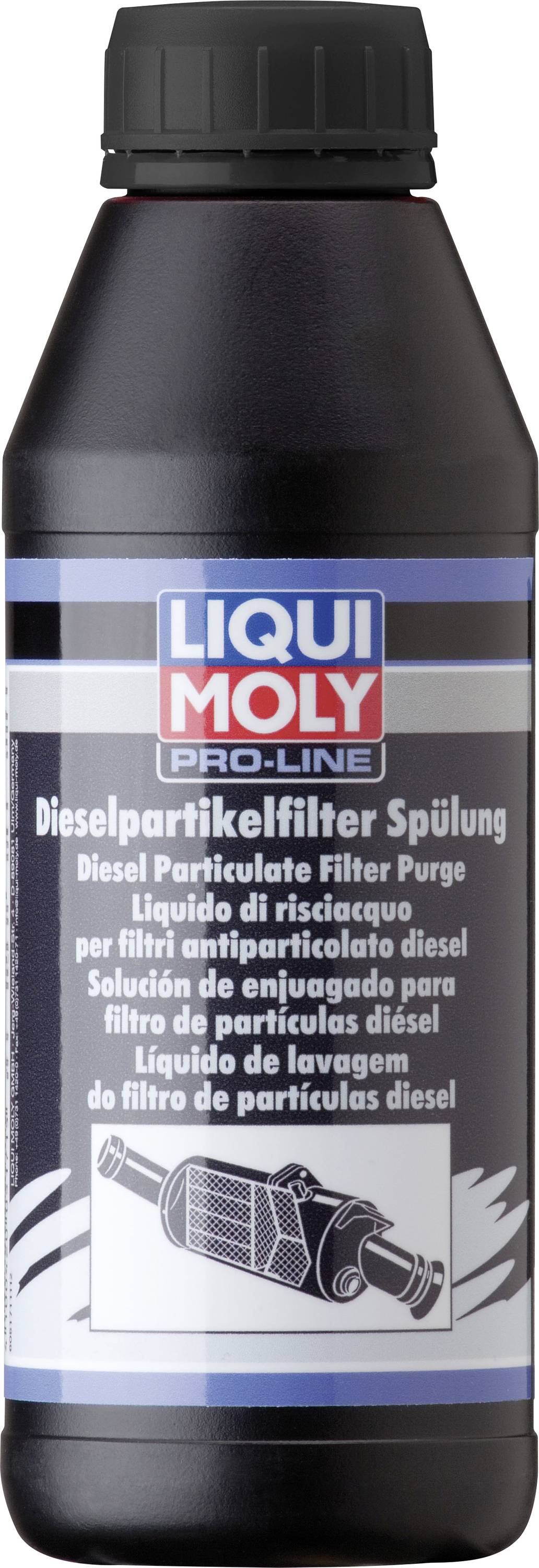 Butelka 'Liqui Moly Pro-Line Płynu do Czyszczenia Filtrów Diesla', przeznaczona do czyszczenia filtrów cząstek stałych, w czarnym opakowaniu z niebieską etykietą.