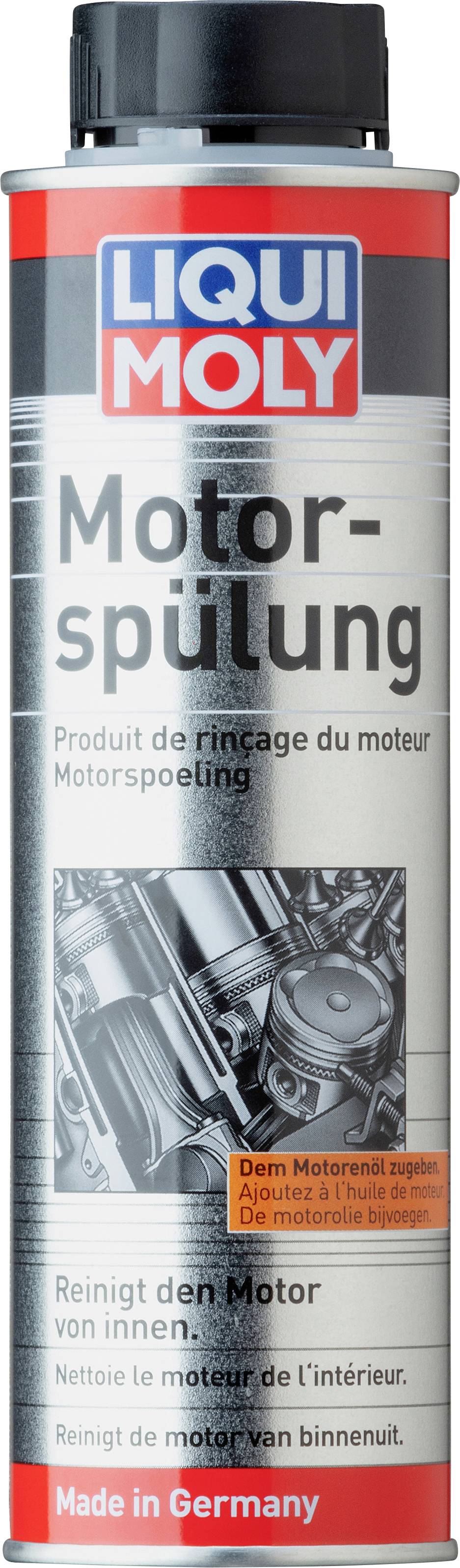 Dawka produktu do czyszczenia silnika firmy Liqui Moly, oznaczona etykietą 'Płukanie silnika'. Wskazówki dotyczące czyszczenia oraz 'Wyprodukowano w Niemczech' są zaznaczone.