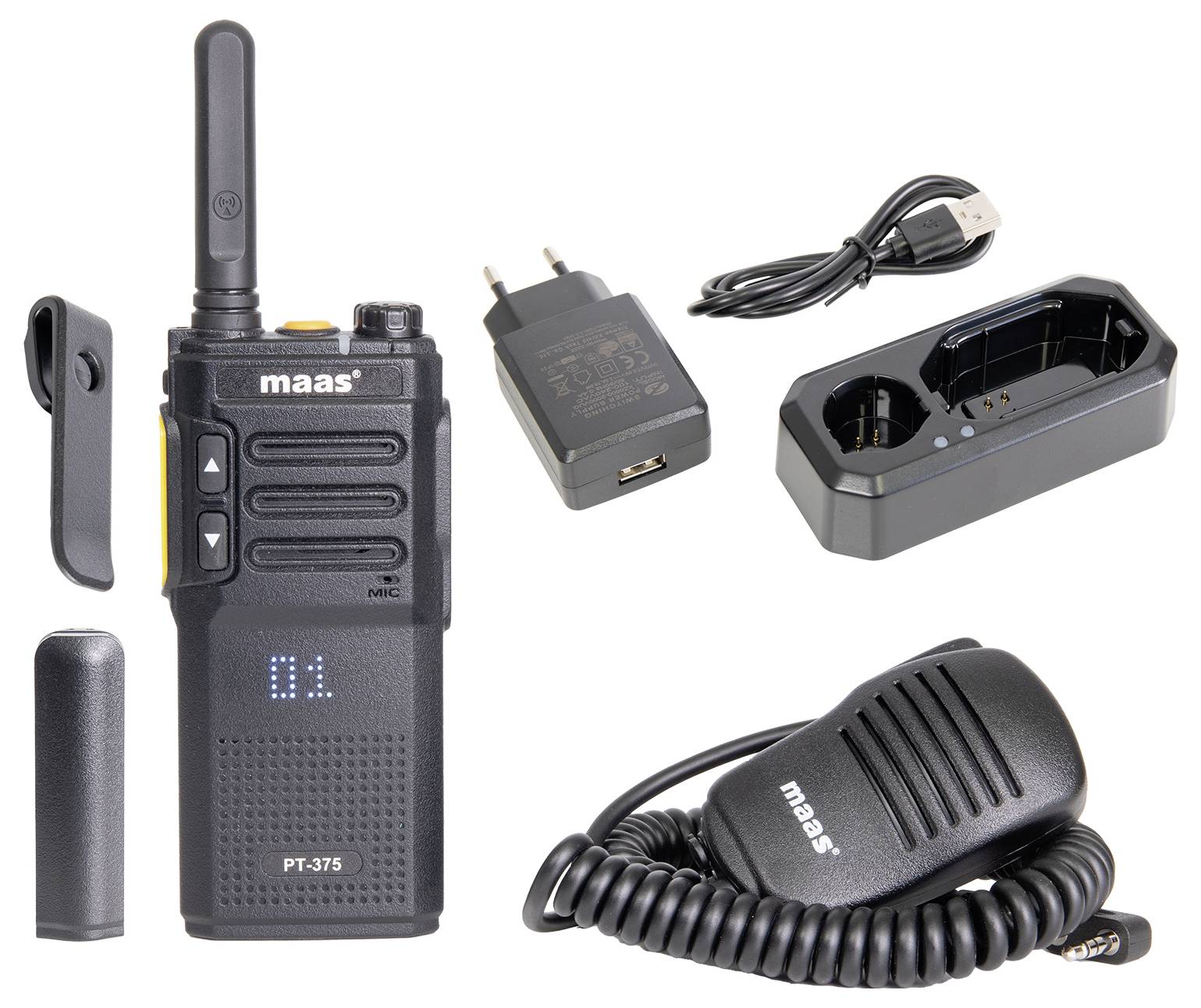 Radiotelefon z anteną i wyświetlaczem, obok stacja ładująca z zasilaczem, mikrofon z przewodem i spinką do pasa.