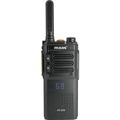 Czarny ręczny radiotelefon marki 'maas', model PT-375, z długą anteną i kilkoma przyciskami na przedniej części obudowy.