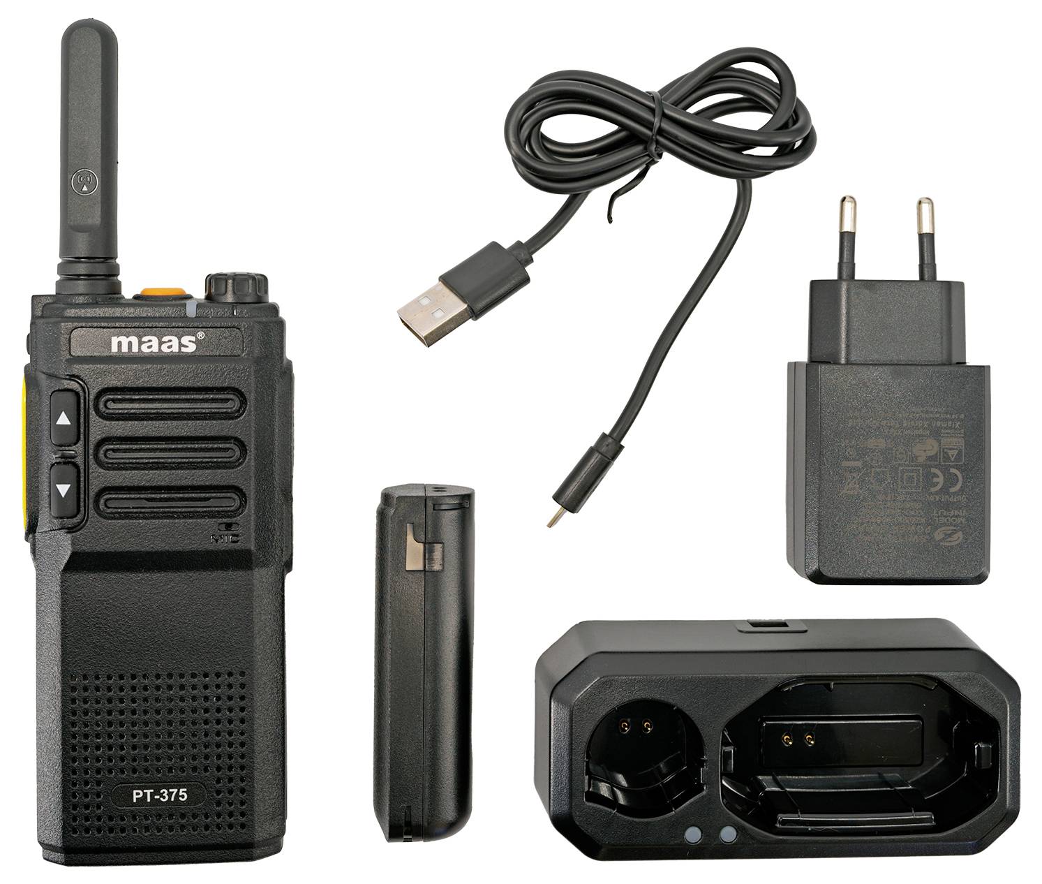 Radiotelefon z ładowarką, akumulatorem i kablem USB. Nazwa marki 'maas' jest widoczna na radiotelefonie.