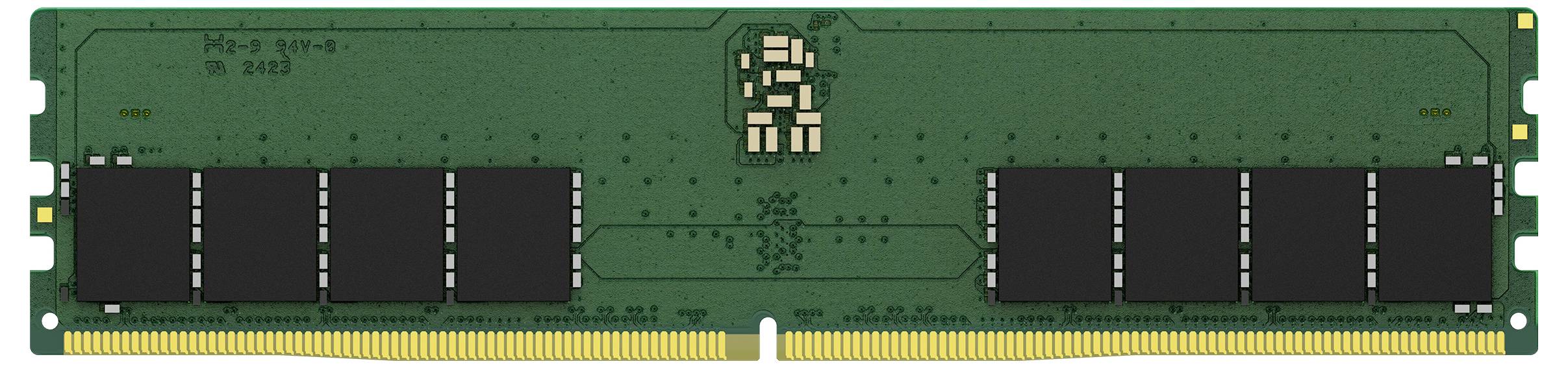 Zielony pendrive RAM z kilkoma czarnymi układami pamięci po jednej stronie.