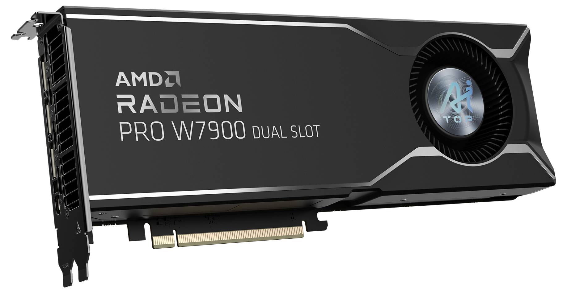 Karta graficzna AMD Radeon Pro W7900 w obudowie dwuslotowej, w kolorze czarnym z widocznym wentylatorem i złotą listwą przyłączeniową.