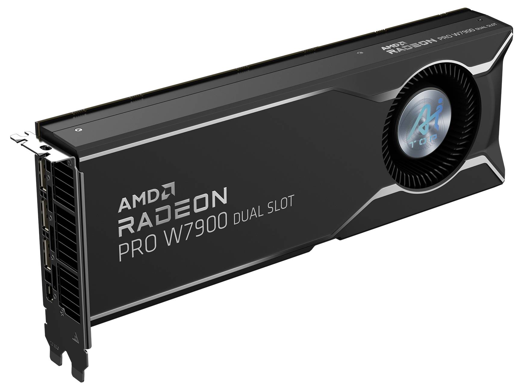 Karta graficzna 'AMD Radeon Pro W7900' z wieloma opcjami podłączenia, w czarnym designie, wentylator po prawej stronie.