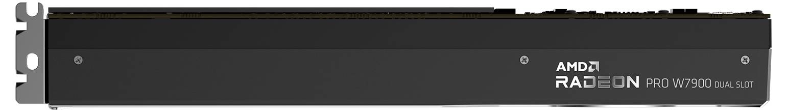 Czarna karta graficzna AMD Radeon Pro W7900 w wersji dwuslotowej, widok z boku z logo, przeznaczona do profesjonalnej grafiki i edycji wideo.