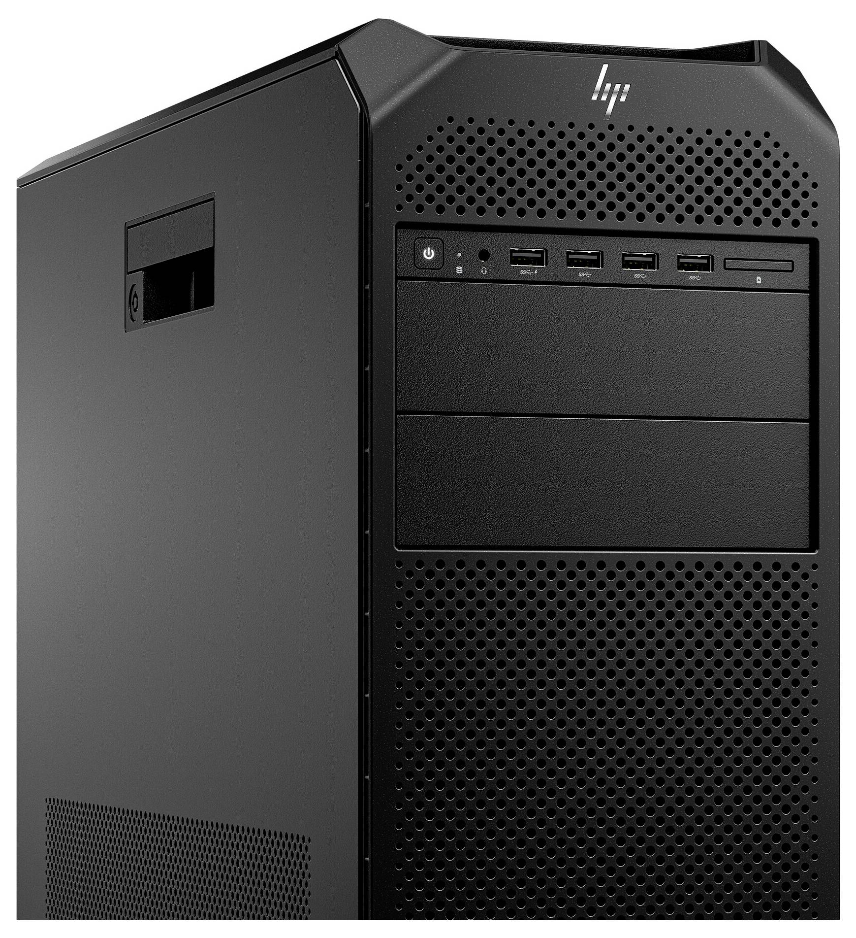 Czarny komputer stacjonarny z logo HP, z wieloma portami USB i otworami wentylacyjnymi z przodu.