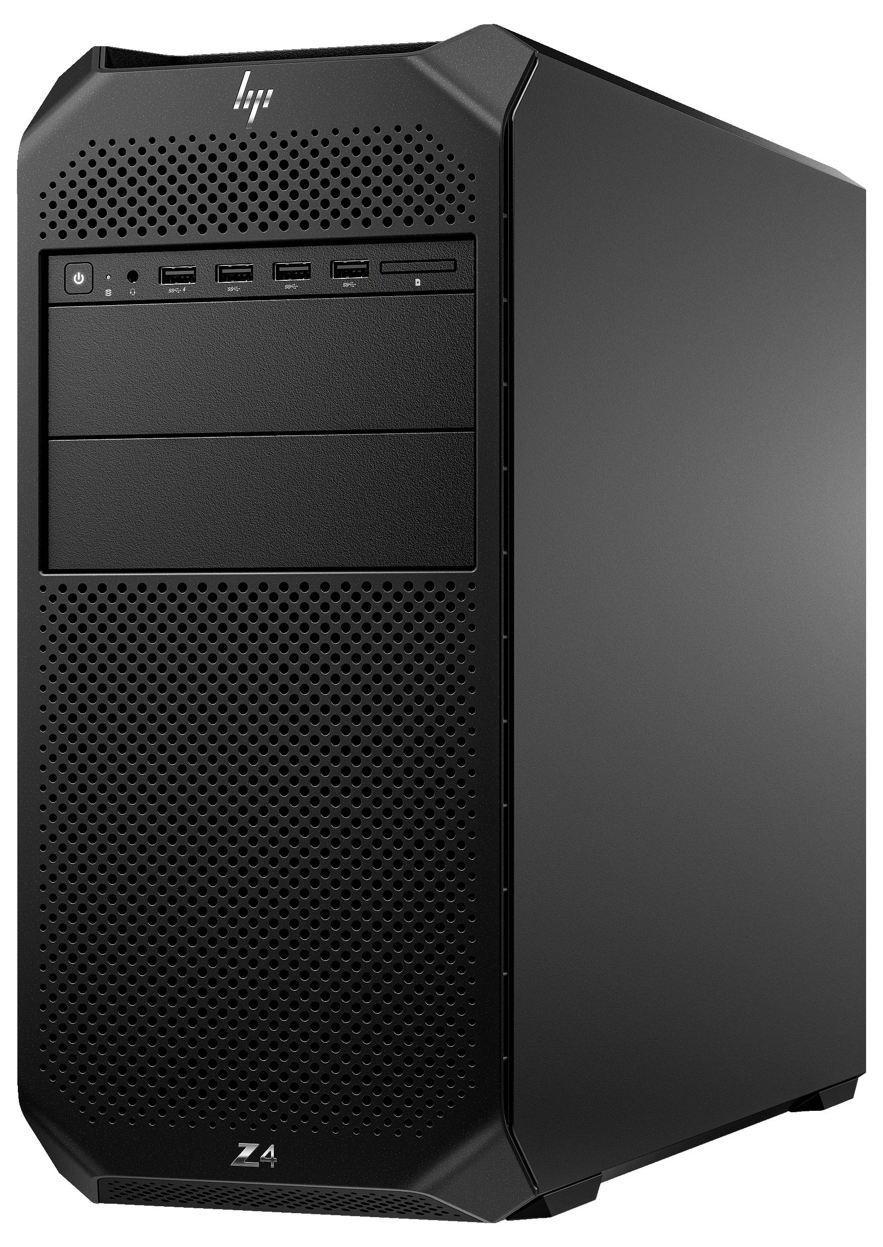 Czarny komputer stojący w obudowie z wieloma portami USB z przodu oraz logo firmy w lewym górnym rogu.