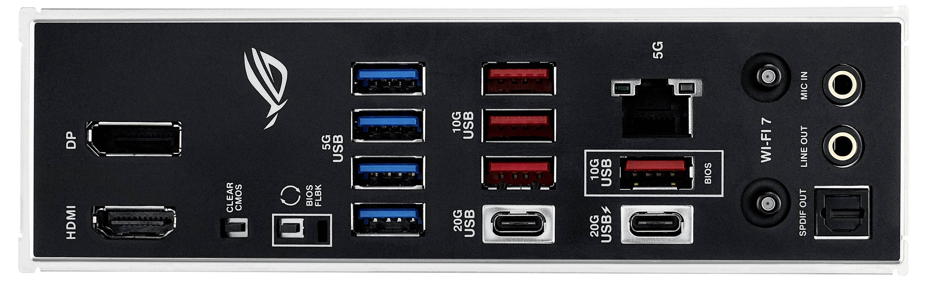 Tylna strona płyty głównej komputera z różnymi złączami: HDMI, DP, wieloma portami USB, Ethernetem, gniazdami audio oraz WiFi 7.