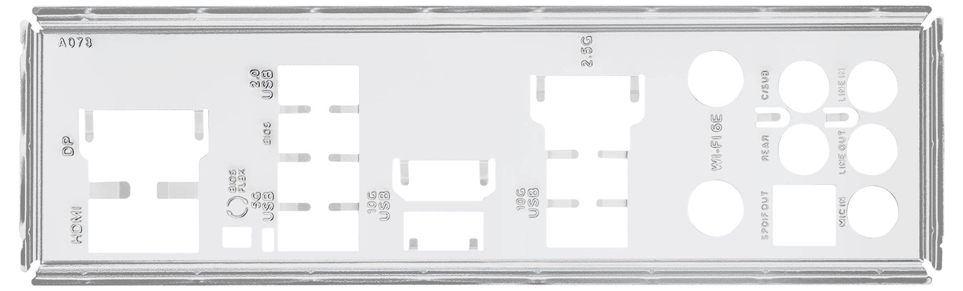 Pokrywa płyty głównej komputera z różnymi otworami na złącza, takimi jak USB, Audio i DisplayPort, oznaczona etykietami identyfikacyjnymi.