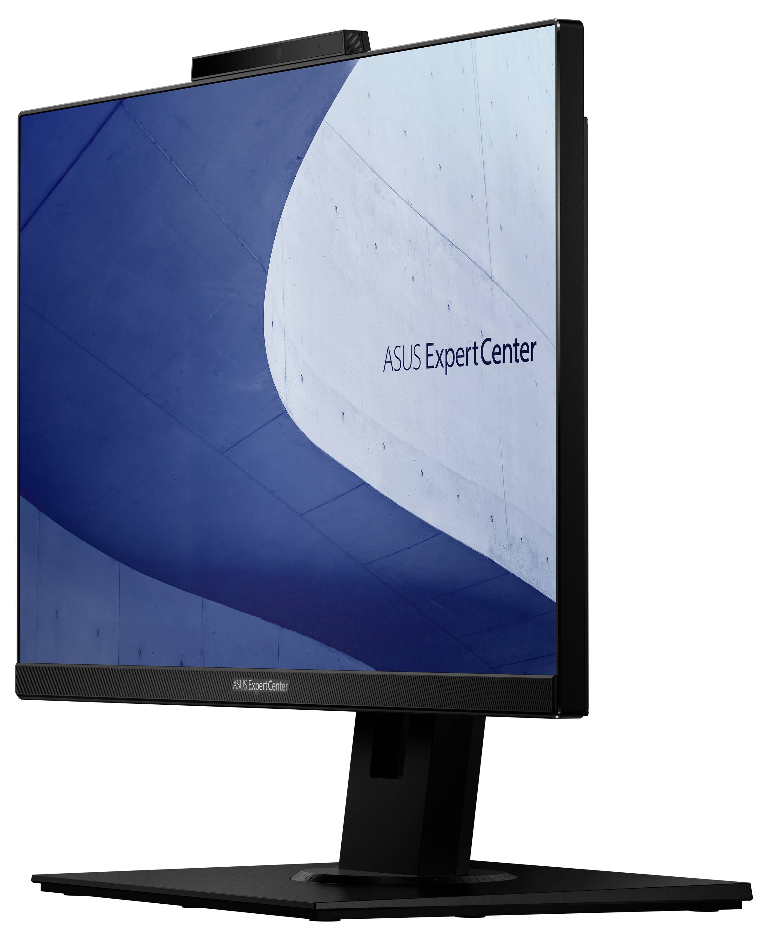 Ekran komputerowy z napisem 'ASUS ExpertCenter' wyświetla nowoczesne, abstrakcyjne tło w odcieniach niebieskiego i szarego.