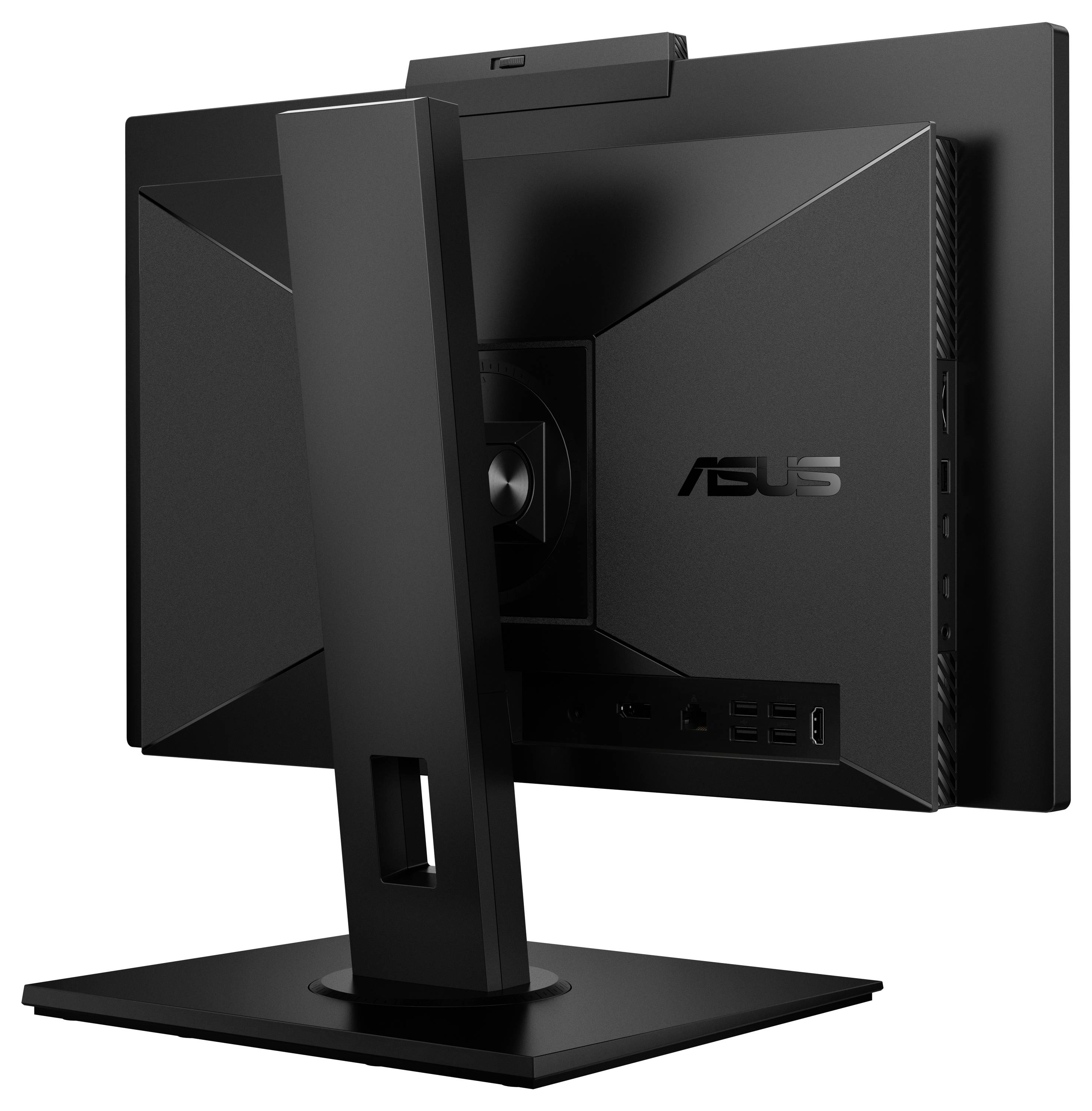 Czarny monitor ASUS widziany od tyłu, z regulowaną podstawą, na której widoczne są różne złącza.