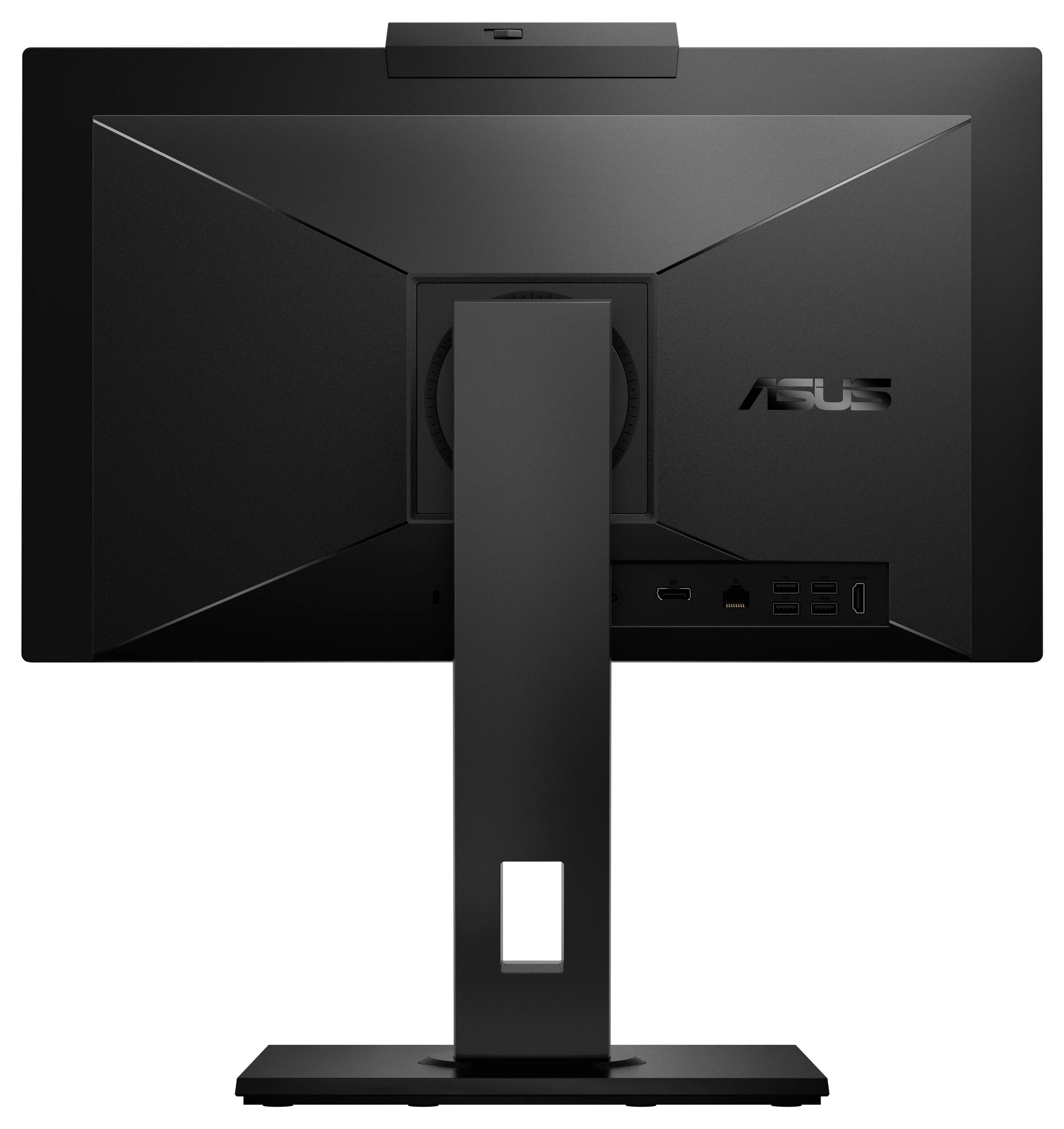Czarny monitor komputerowy widziany od tyłu, prezentujący podstawę, logo ASUS oraz złącza zasilania, HDMI i USB.
