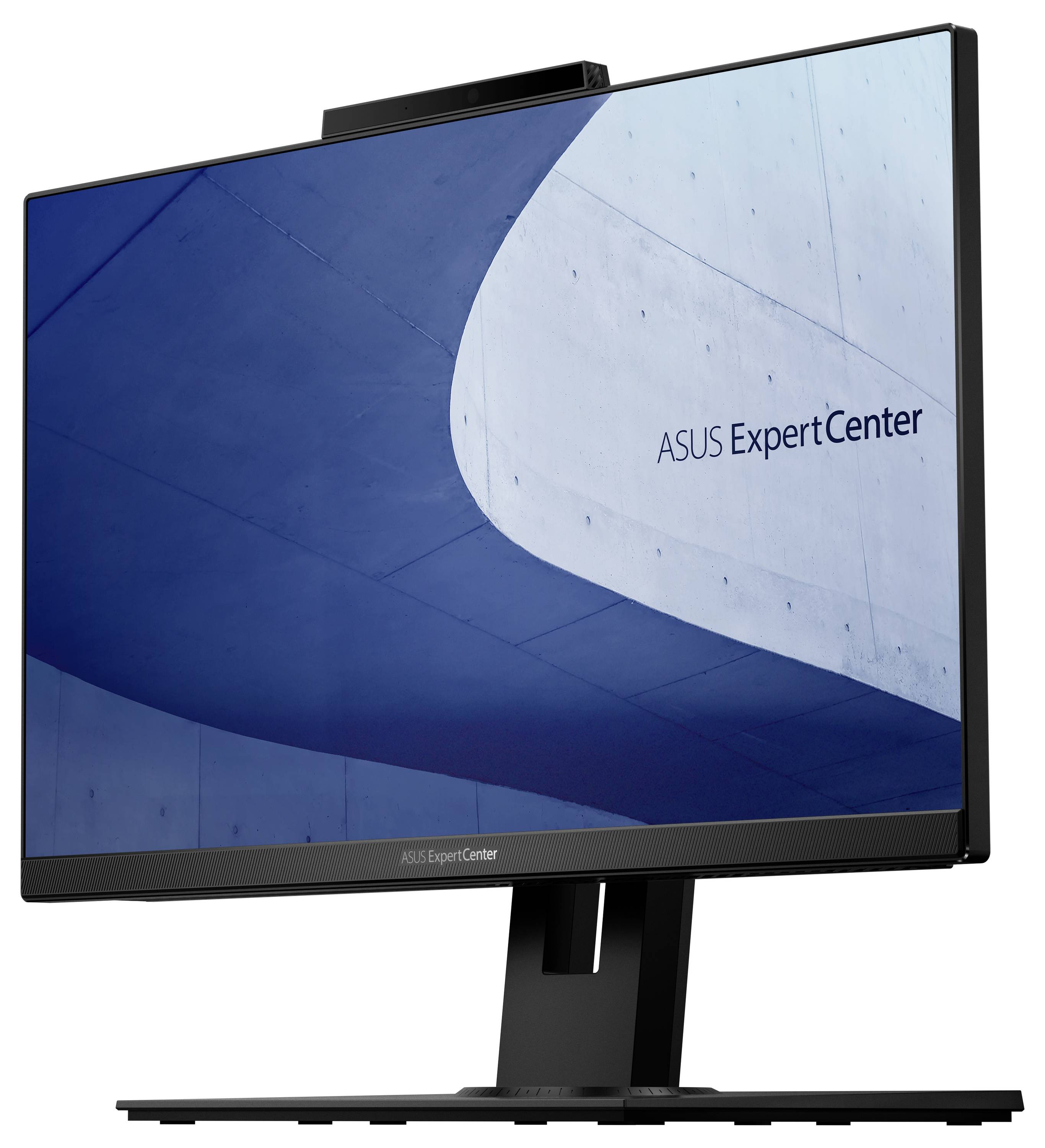 Nowoczesny monitor ASUS ExpertCenter o cieńszych ramkach stoi na biurku, a w tle widać minimalistyczną architekturę.