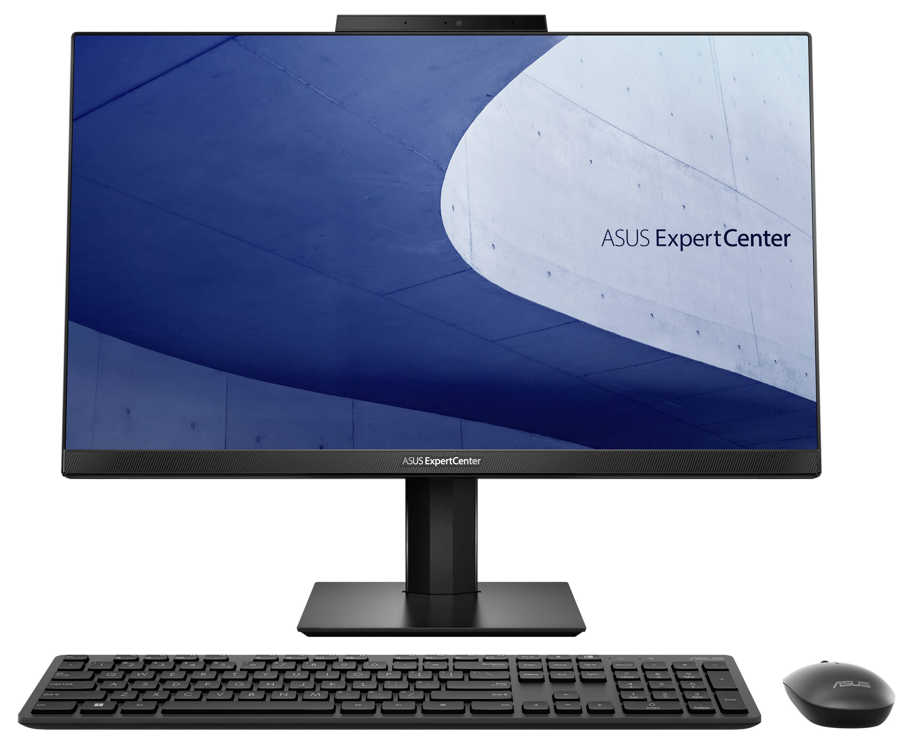 Monitor komputerowy i klawiatura firmy ASUS na stole. Ekran wyświetla logo ASUS ExpertCenter na niebieskim, abstrakcyjnym tle.