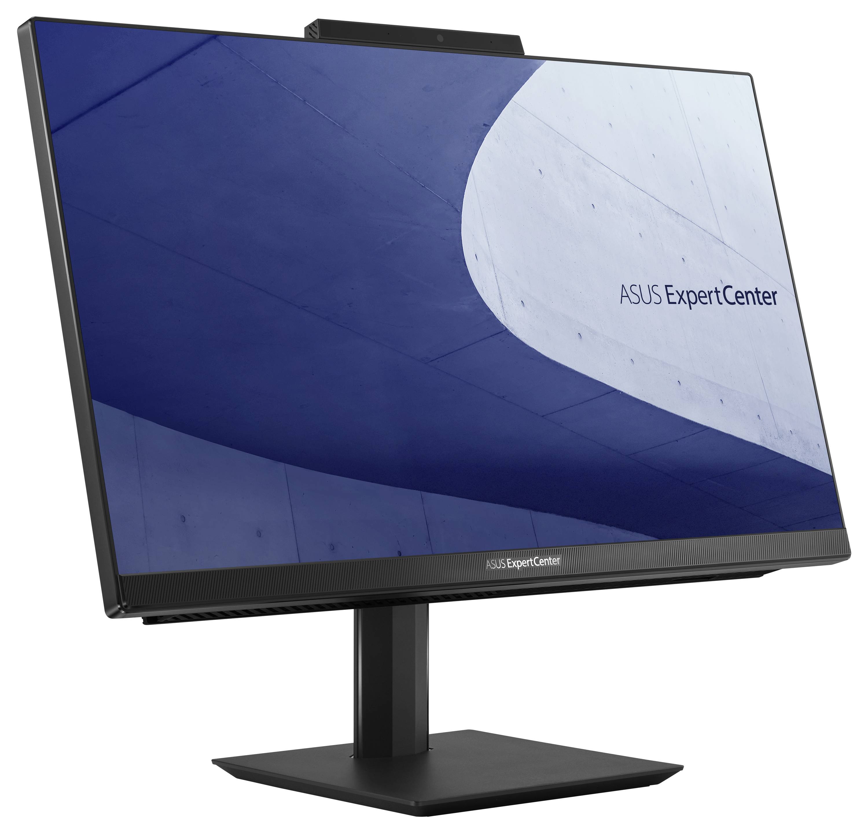 Monitor z logo 'ASUS ExpertCenter' wyświetlający niebiesko-białe abstrakcyjne wzornictwo z zakrzywionymi liniami.